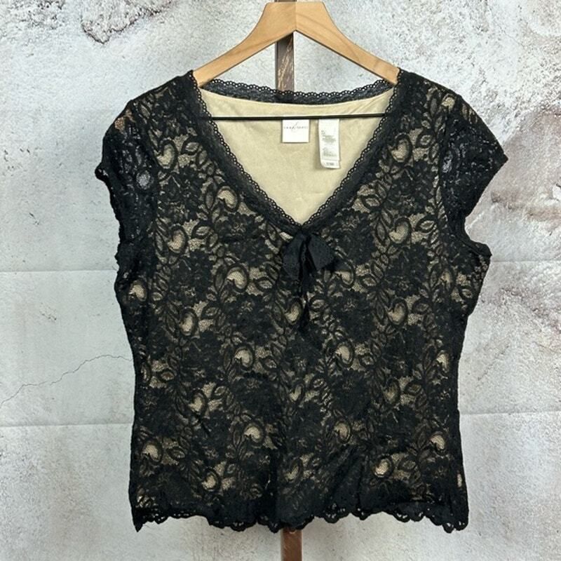 Emma James Black Lace Top Size L V-Neck Bow Y2k Coquette Romantic Whimsigoth